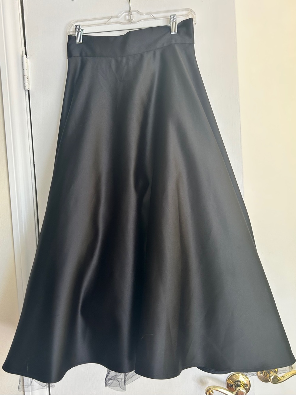 Finley Black A-Line Midi Ball Satin Skirt with tulle “petticoat” lining, sz 8